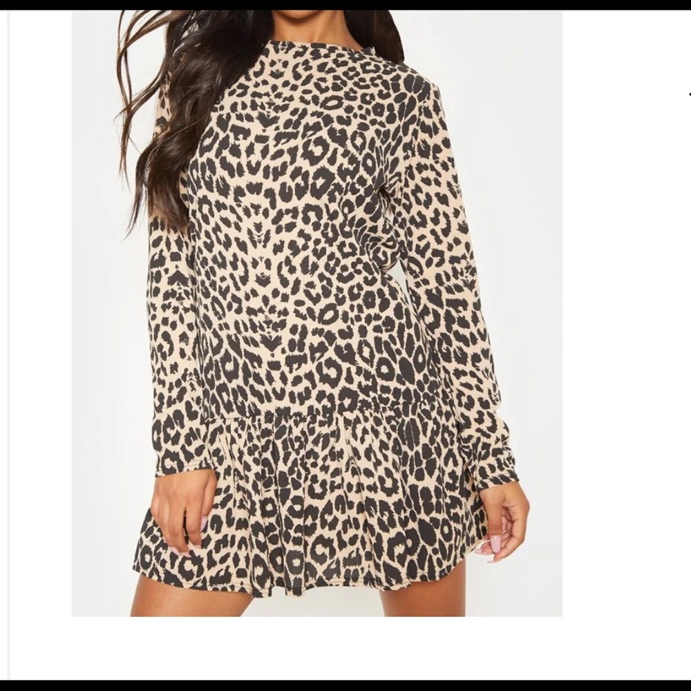 Brown Leopard Long Sleeve Frill Hem Shift Dress